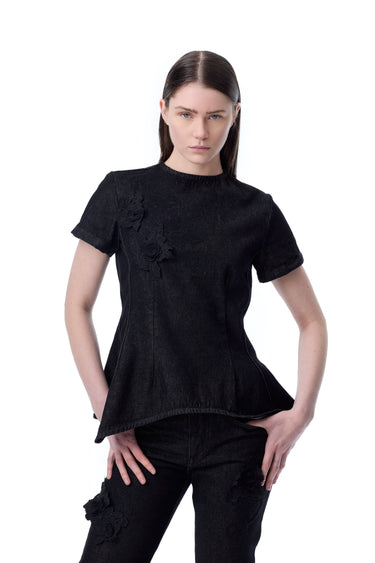 BLACK DENIM CAP SLEEVE PEPLUM TOP marques almeida