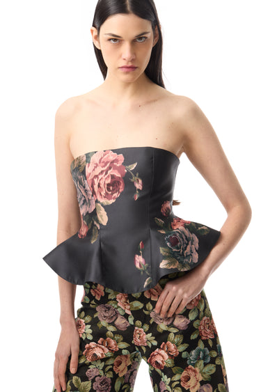 BLACK FLOWER PRINTED STRAPLESS WAISTED TOP marques almeida