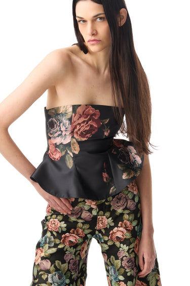 BLACK FLOWER PRINTED STRAPLESS WAISTED TOP marques almeida