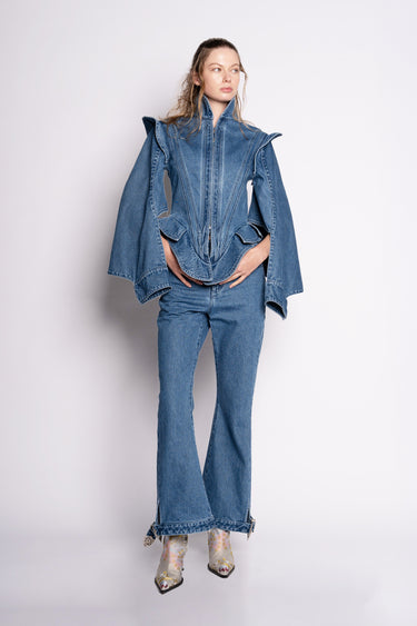 DENIM CAPRI FLARE TROUSERS WITH BELTED HEM marques almeida