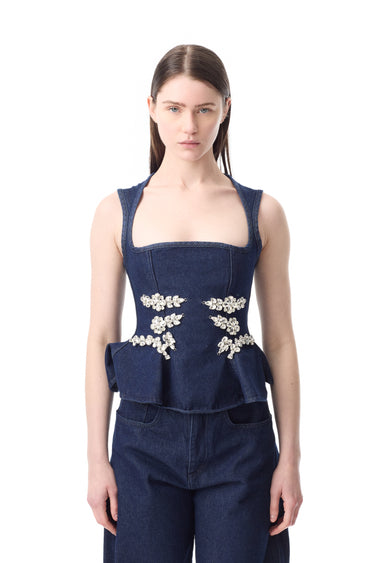INDIGO EMBELLISHED SQUARE NECK CORSET TOP MARQUES ALMEIDA