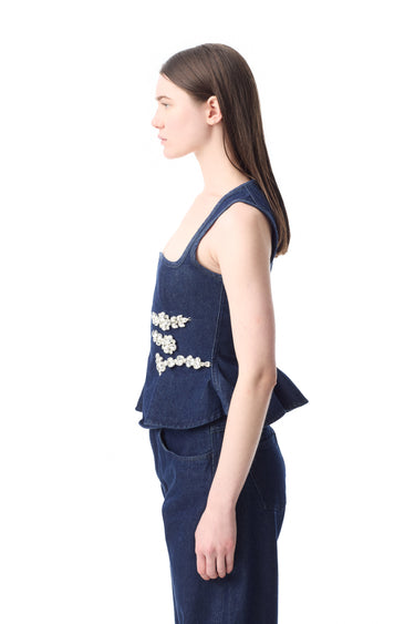 INDIGO EMBELLISHED SQUARE NECK CORSET TOP MARQUES ALMEIDA