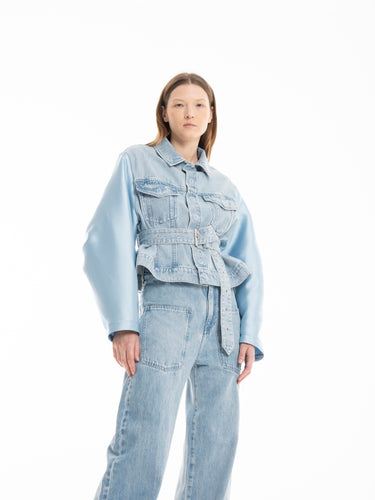 LIGHT BLUE MIKADO PUFF SLEEVE DENIM TRUCKER JACKET marques almeida