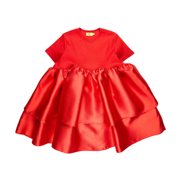 RED DRESS WITH RIB TOP AND MIKADO DOUBLE LAYERED BOTTOM MAKIDS