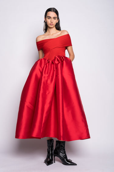 RED OFF SHOULDER FULL SKIRT DRESS marques almeida
