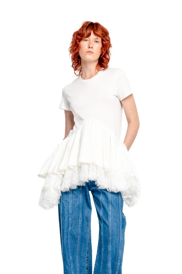 WHITE CAP SLEEVE T-SHIRT WITH FRILL AND LACE HEM marques almeida